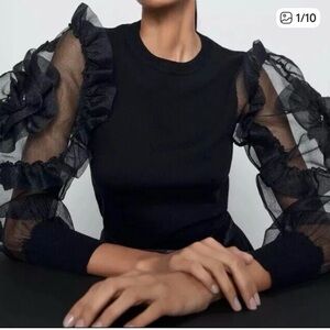 Zara Black Sheer Ruffle Sleeve Blouse
